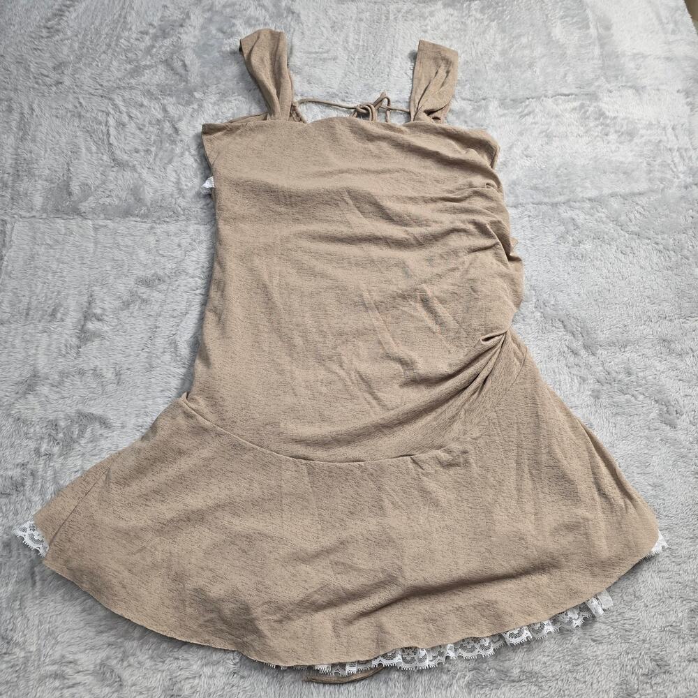 Women's Ruched Lace Trim Mini Dress Mocha Bodycon Fairycore Y2K Sz10 Date Night - Picture 7 of 8